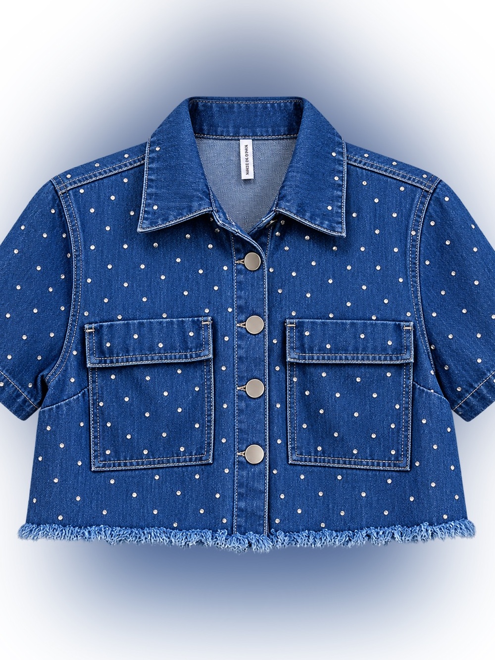 Live 4 Truth Women Large Blue Denim Rhinestone Crop Short Sleeve Shirt Raw Hem